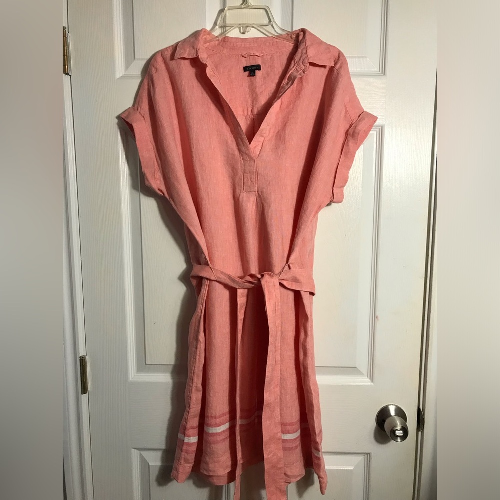 Talbots Coral Pink Linen Belted Shirt Dress XL - Picture 3 of 8